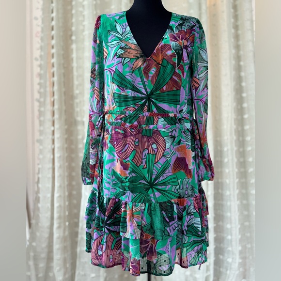 Tropical long Sleeve Print V-Neck Dress - Picture 1 of 7